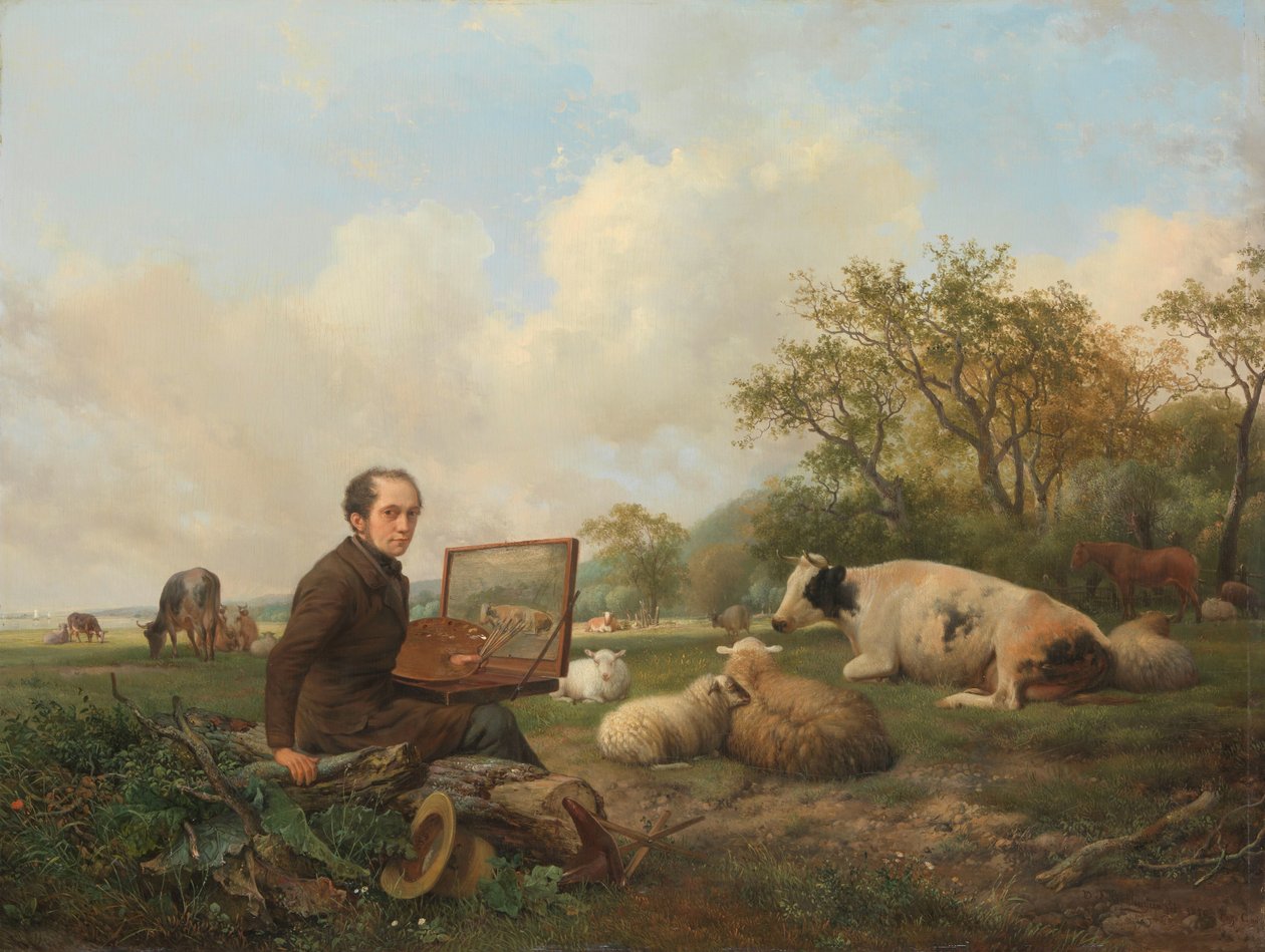 Artysta malujący krowę na łące autorstwa Hendrikus van de Sande Bakhuyzen (signed by artist)