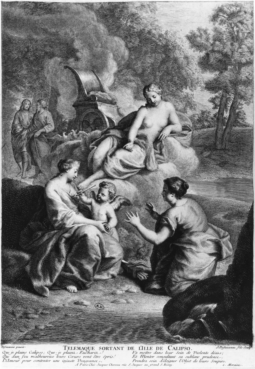 Telemach opuszcza wyspę Calypso, ilustracja z „Przygód Telemacha” Francois de Salignac de la Mothe Fenelon (1651-1715) sztychowana przez Jacquesa de Favanne (1716-1770) autorstwa Henri Antoine de Favanne