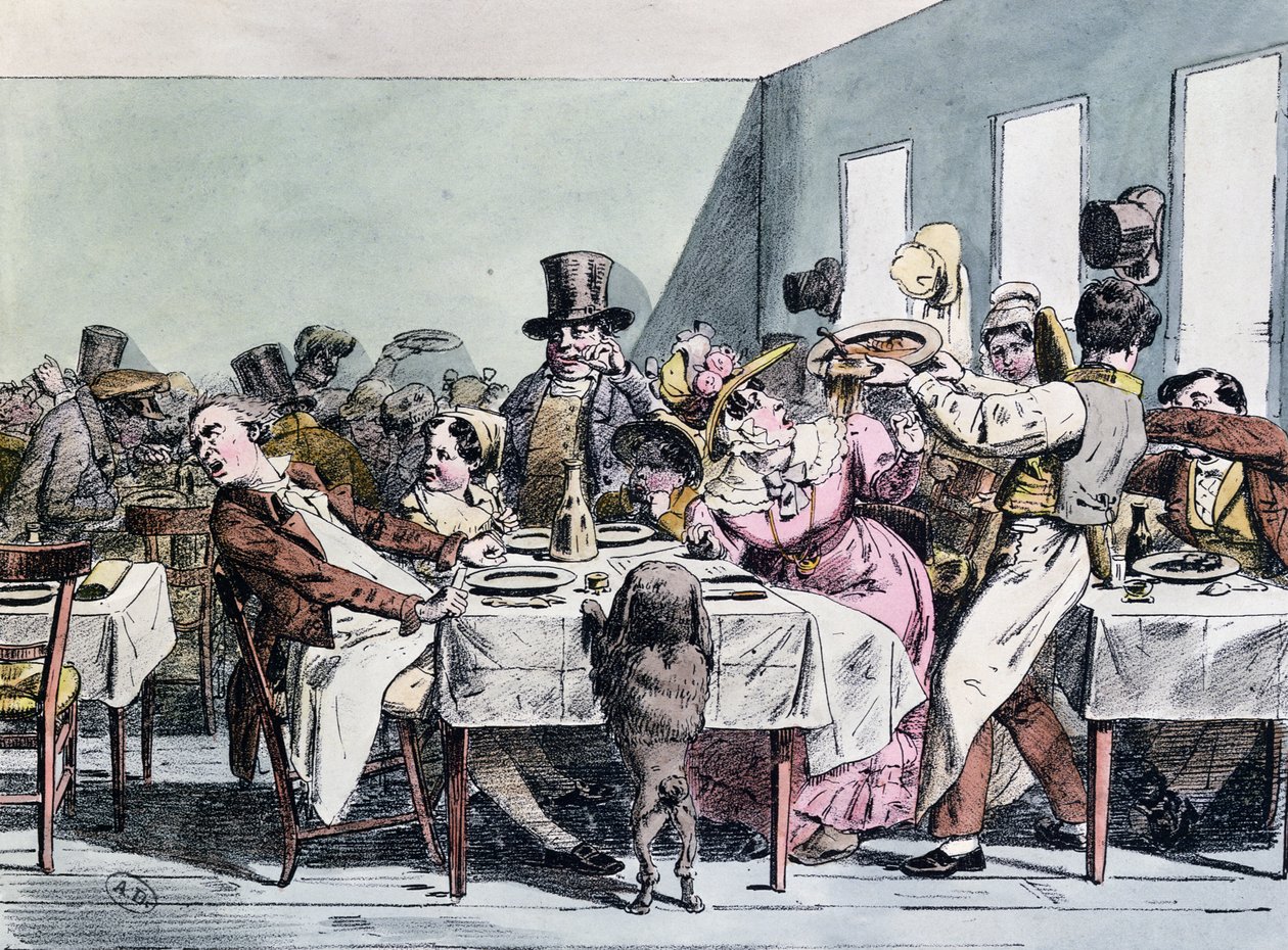Zachwycające doświadczenie rodziny w zatłoczonej restauracji, ok. 1860 r. autorstwa Henri Bonaventure Monnier