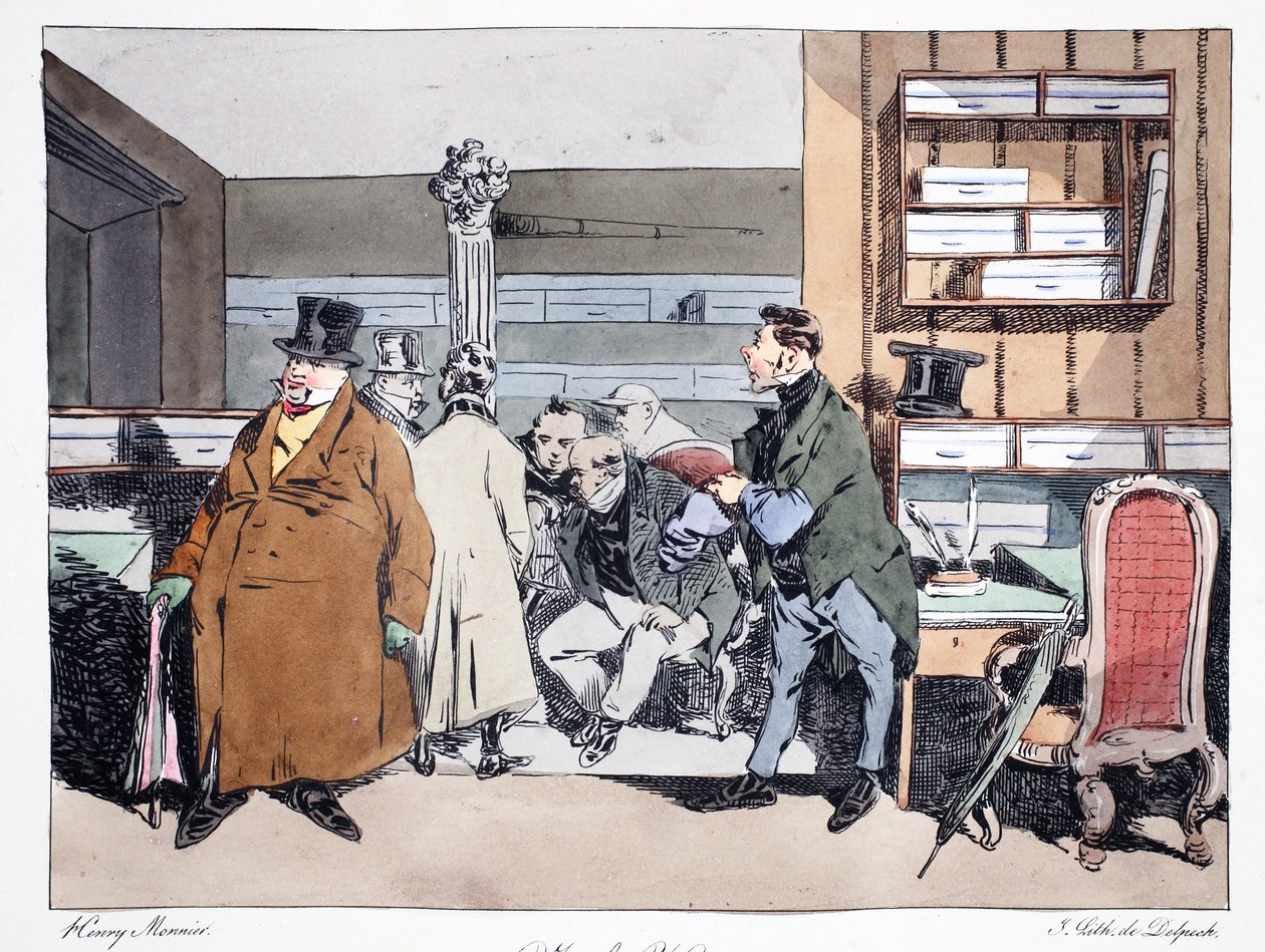 Ilustracja z „Mores Administratives, Dessinées według natury” Henri Monniera, litografia Delpech, wyd. Paryż, ok.1828 (ręcznie kolorowana lito) autorstwa Henri Bonaventure Monnier