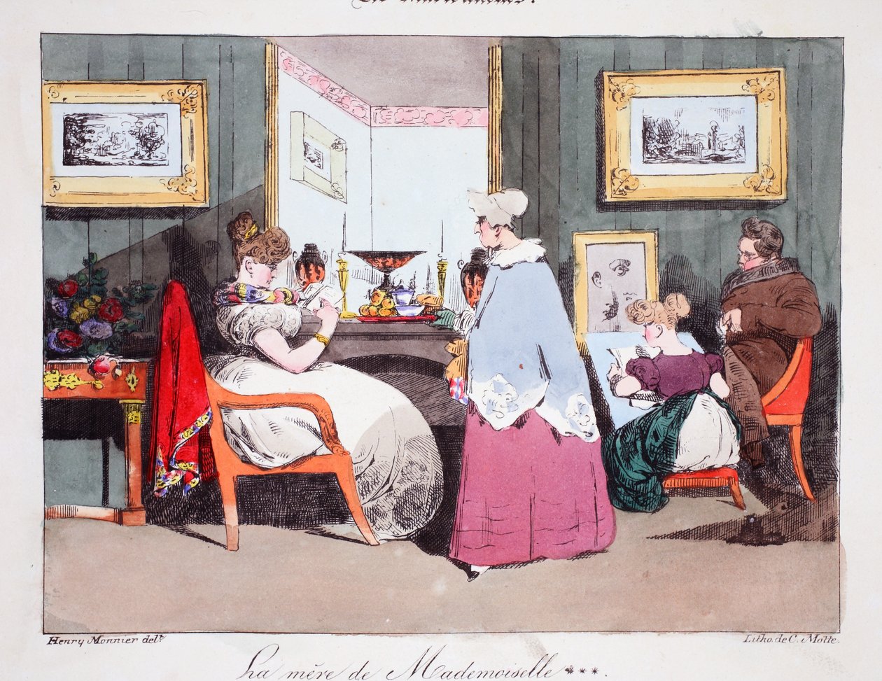 Matka Mademoiselle, ilustracja z „Les Marionnettes” Henri Monniera, litografia Delpech, wyd. Paryż, ok.1828 (ręcznie kolorowana lito) autorstwa Henri Bonaventure Monnier