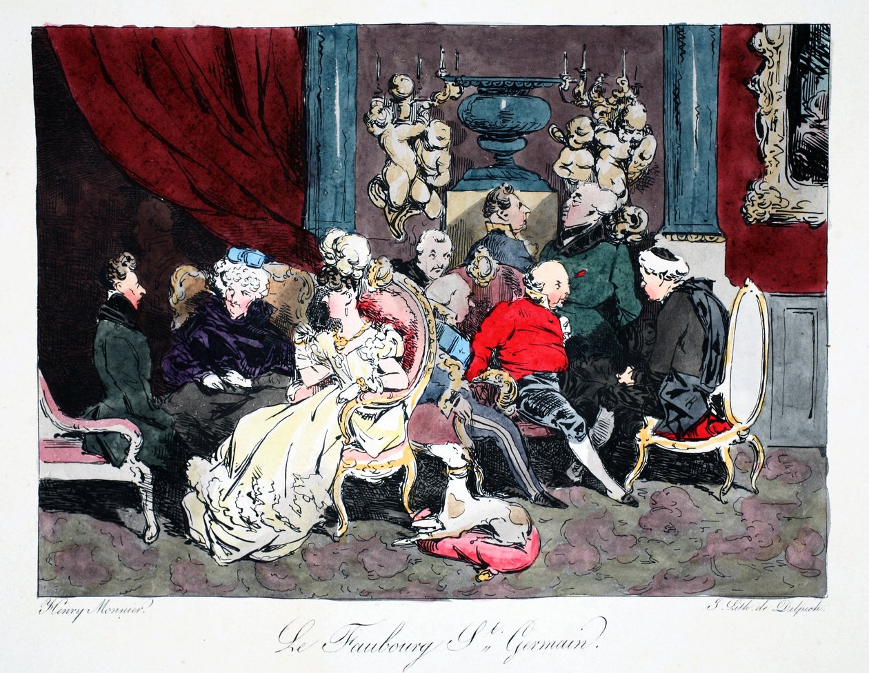 Le Faubourg St. Germain, ilustracja z „Six Quartiers de Paris” Henri Monniera, litografia F.S. Delpech, wyd. Paryż, ok.1828 (ręcznie kolorowana lito) autorstwa Henri Bonaventure Monnier