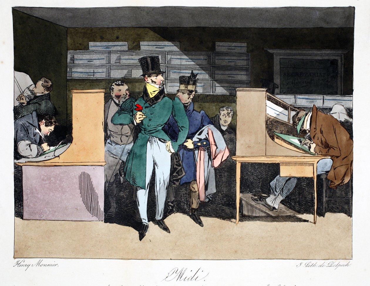 Midi, ilustracja z „Moeurs Administratives, Dessinées według natury” Henri Monniera, litografia Delpech, wyd. Paryż, ok.1828 (ręcznie kolorowana lito) autorstwa Henri Bonaventure Monnier
