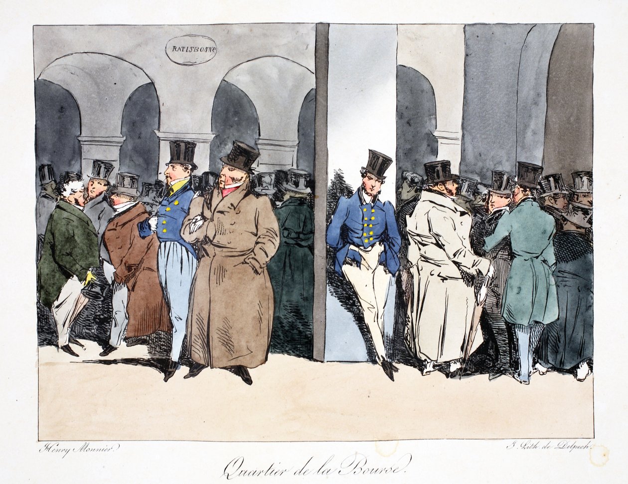 Quartier de la Bourse, ilustracja z „Six Quartiers de Paris” Henri Monniera, litografia F.S. Delpech, wyd. Paryż, ok.1828 (ręcznie kolorowana lito) autorstwa Henri Bonaventure Monnier