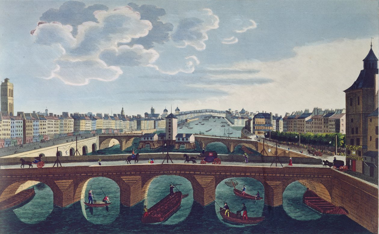 Pont au Change i Pont Notre Dame, ok. 1815-20 (rycina kolorowa) autorstwa Henri Courvoisier Voisin