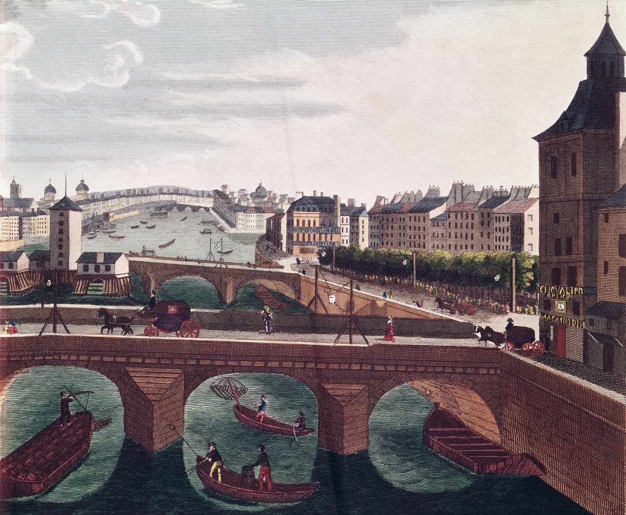 Pont au Change i Pont Notre Dame, ok. 1815-20 kolorowy detal z 220485 autorstwa Henri Courvoisier Voisin