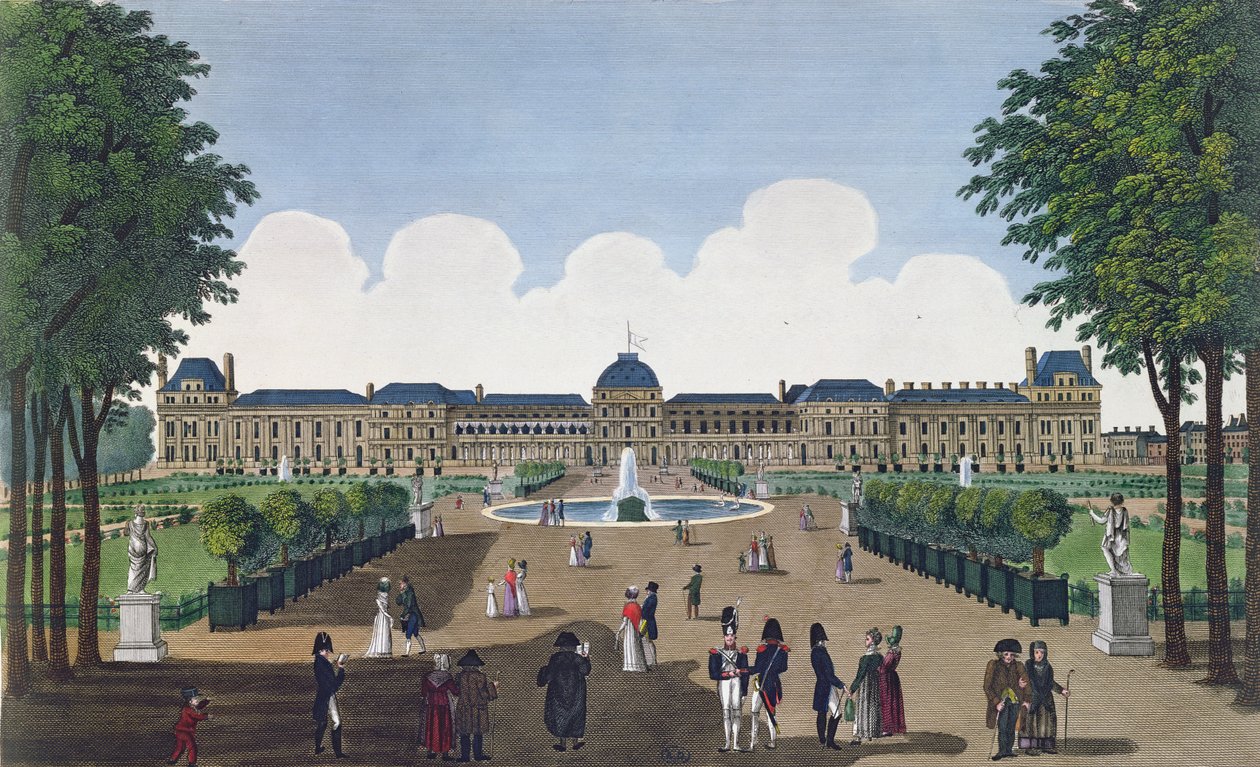 Tuileries i ogrody Tuileries, c.1815-20 (kolorowe grawerowanie) autorstwa Henri Courvoisier Voisin