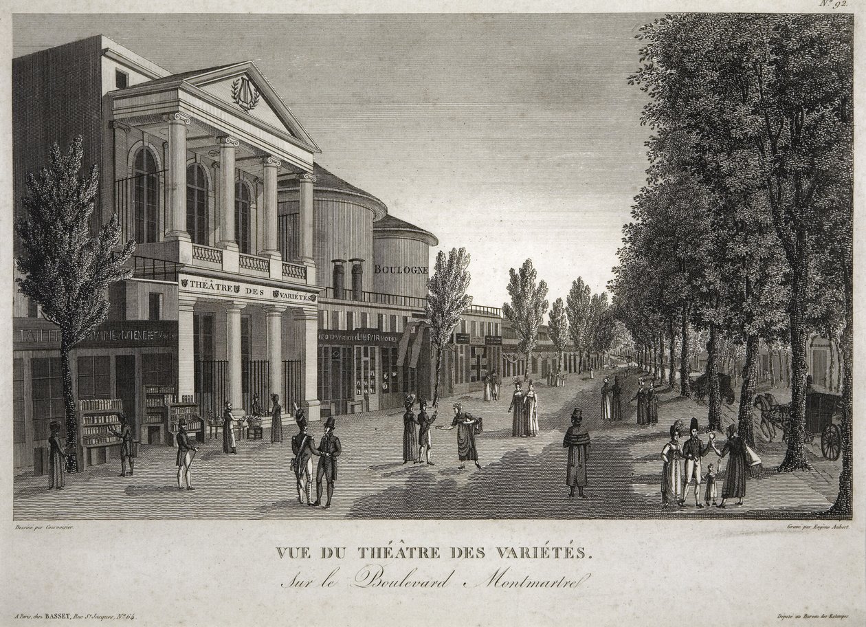 Theatre des Varietes, Boulevard Montmartre, Paryż, ryty Eugene Aubert (1789-1847) c.1810 autorstwa Henri Courvoisier Voisin