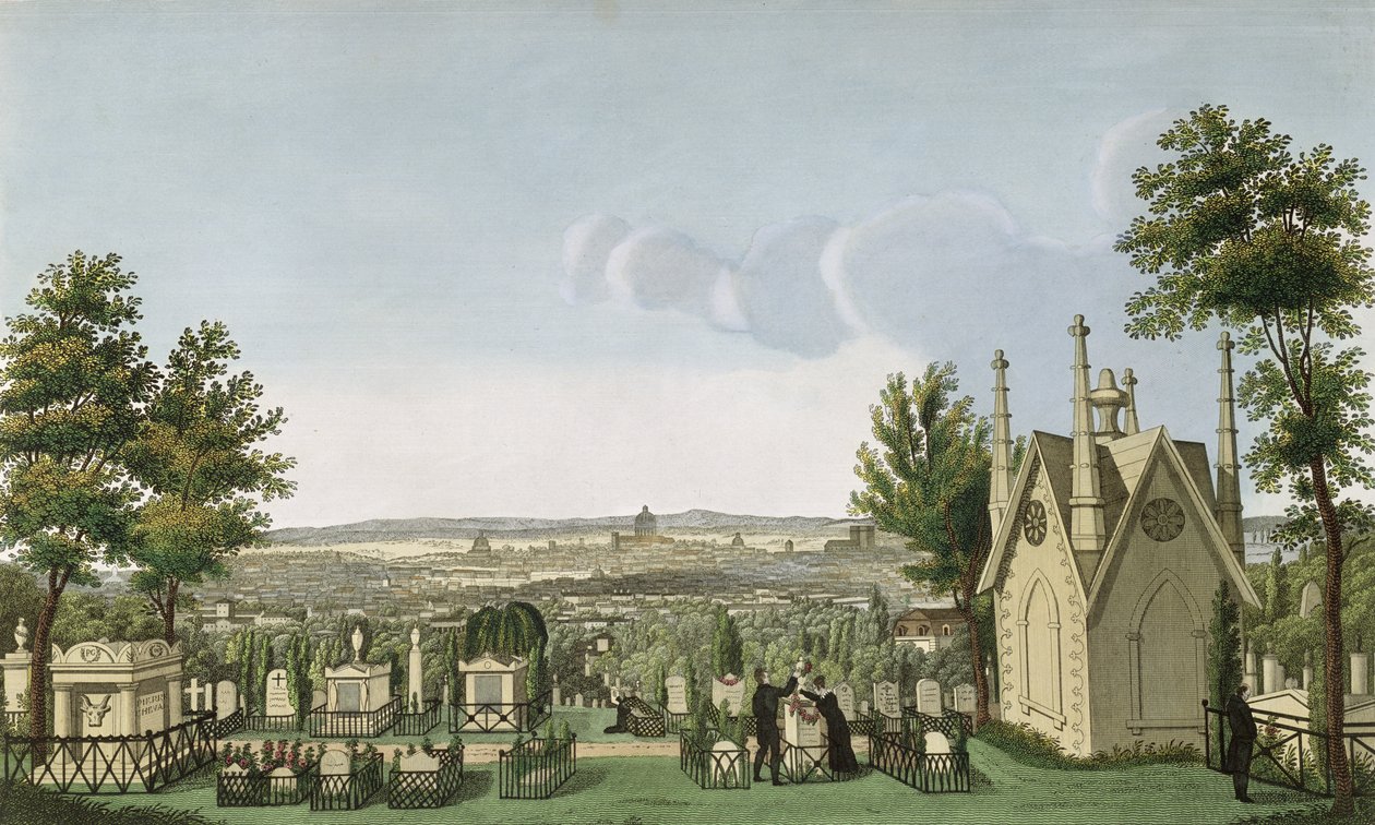 Widok na cmentarz Pere-Lachaise z gotyckiej kaplicy, rytowany przez Guiguet autorstwa Henri Courvoisier Voisin