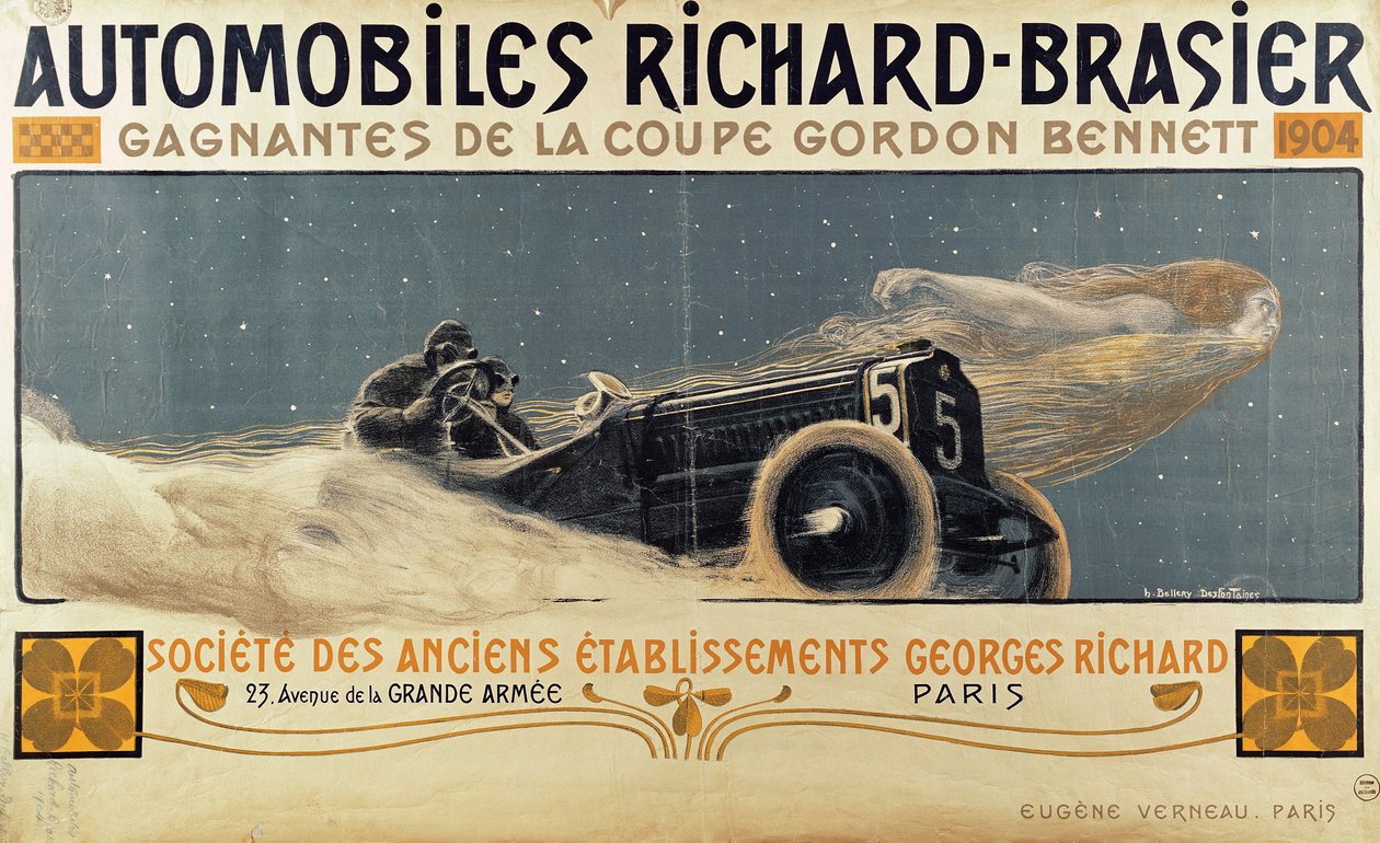 Plakat przedstawiający samochody Richard-Brasier wygrywające Puchar Gordona Bennetta, 1904 autorstwa Henri Jules Ferdinand Bellery Defonaines