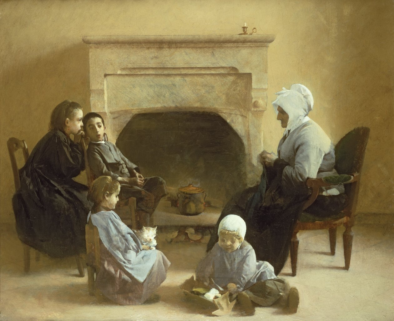 Rodzina siedząca wokół paleniska autorstwa Henri Jules Jean Geoffroy
