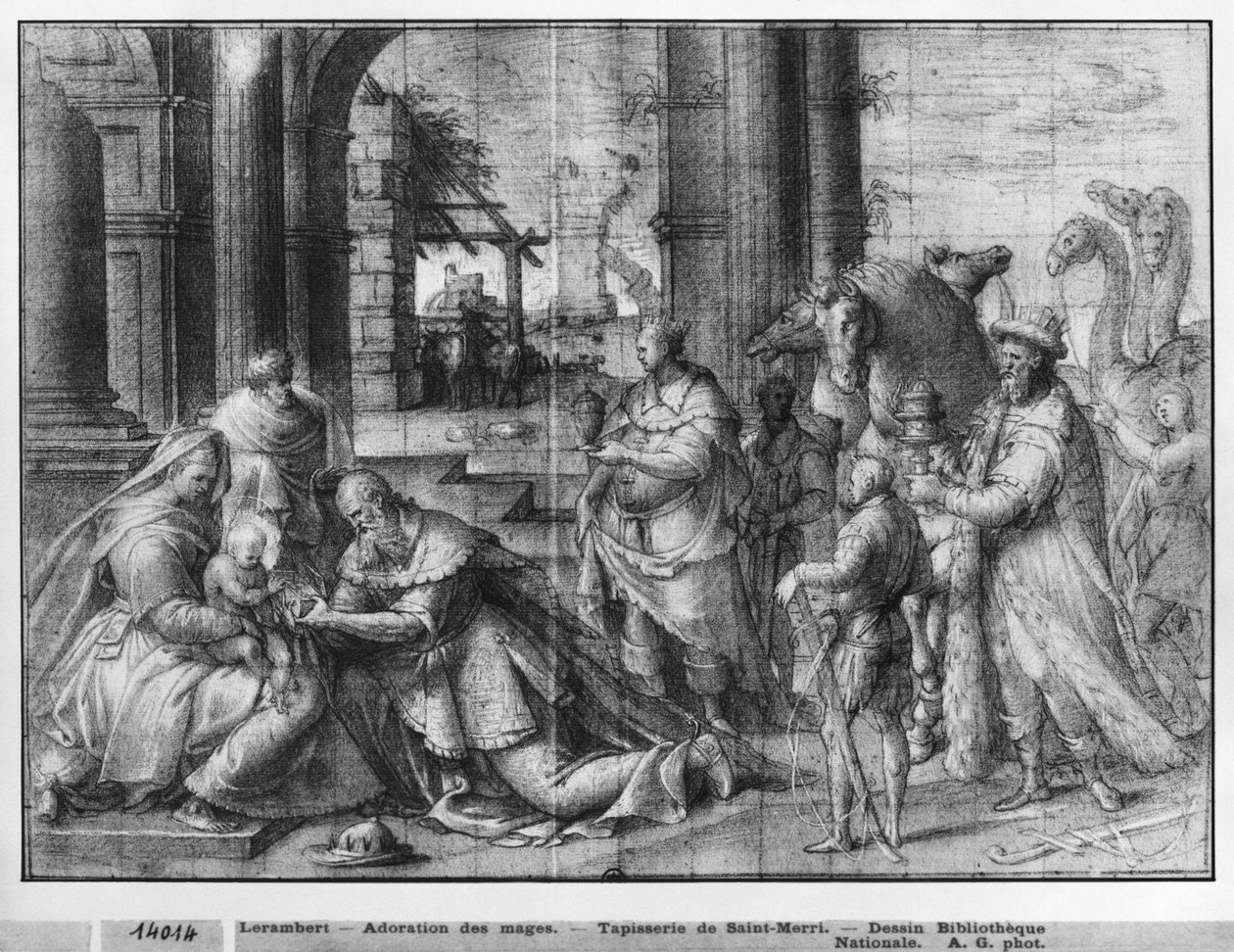 Życie Chrystusa, Adoracja Trzech Króli, studium przygotowawcze karykatury do kościoła Saint-Merri w Paryżu, ok. 1585-90 (pierre noire und wash und white highlights na papierze) autorstwa Henri Lerambert