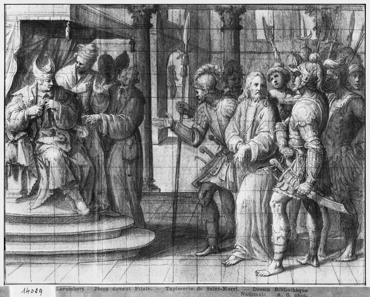 Życie Chrystusa, Chrystus przed Poncjuszem Piłatem, studium przygotowawcze karykatury gobelinowej dla kościoła Saint-Merri w Paryżu, ok. 1585-90 (pierre noire und wash und white highlights na papierze) autorstwa Henri Lerambert