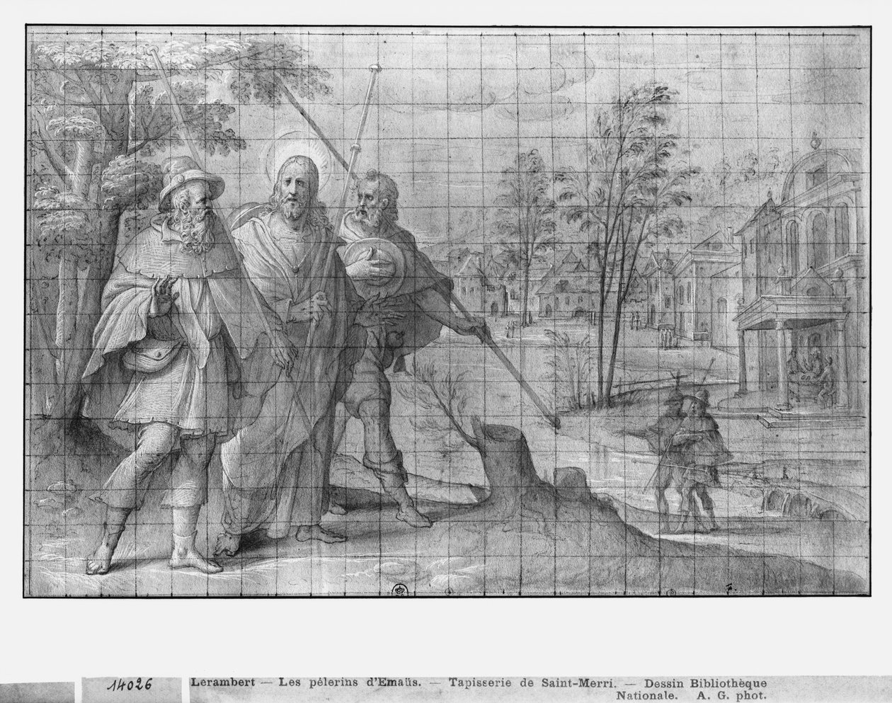 Życie Chrystusa, Chrystus na drodze do Emaus, studium przygotowawcze do rysowania gobelinu dla kościoła Saint-Merri w Paryżu, ok. 1585-90 (pierre noire und wash i białe pasemka na papierze) autorstwa Henri Lerambert