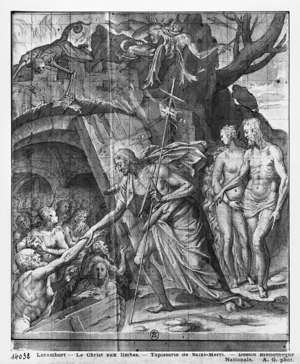Życie Chrystusa, zejście Chrystusa do otchłani, studium przygotowawcze do rysowania gobelinu dla kościoła Saint-Merri w Paryżu, ok. 1585-90 (pierre noire und wash und white highlights na papierze) autorstwa Henri Lerambert