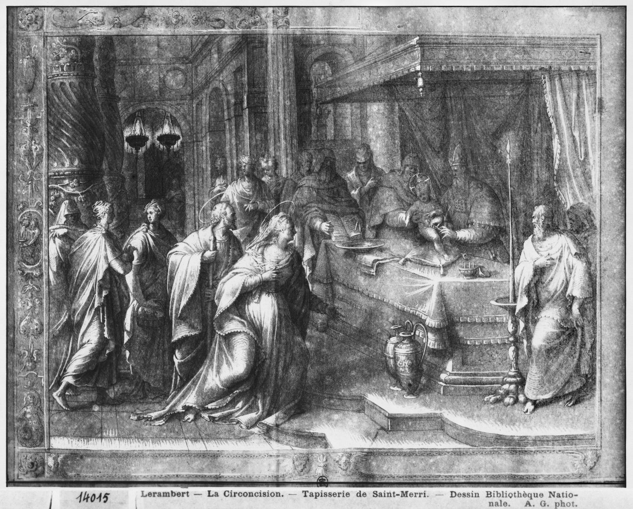 Życie Chrystusa, Obrzezanie, studium przygotowawcze do rysowania gobelinu dla kościoła Saint-Merri w Paryżu, ok. 1585-90 (pierre noire und wash und white highlights na papierze) autorstwa Henri Lerambert