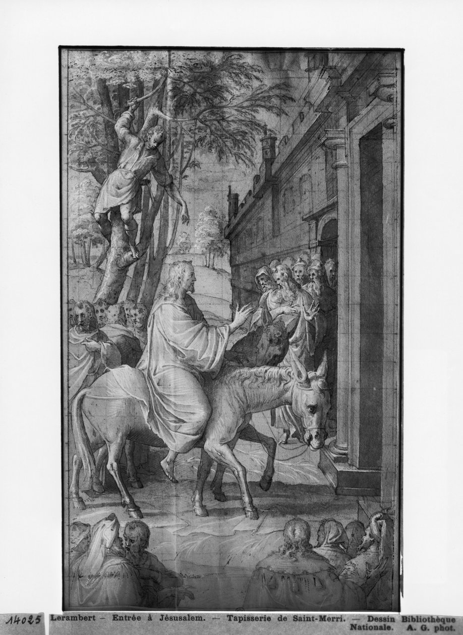Życie Chrystusa, Wjazd Chrystusa do Jerozolimy, studium przygotowawcze karykatury do kościoła Saint-Merri w Paryżu, ok. 1585-90 (pierre noire und wash und white highlights na papierze) autorstwa Henri Lerambert
