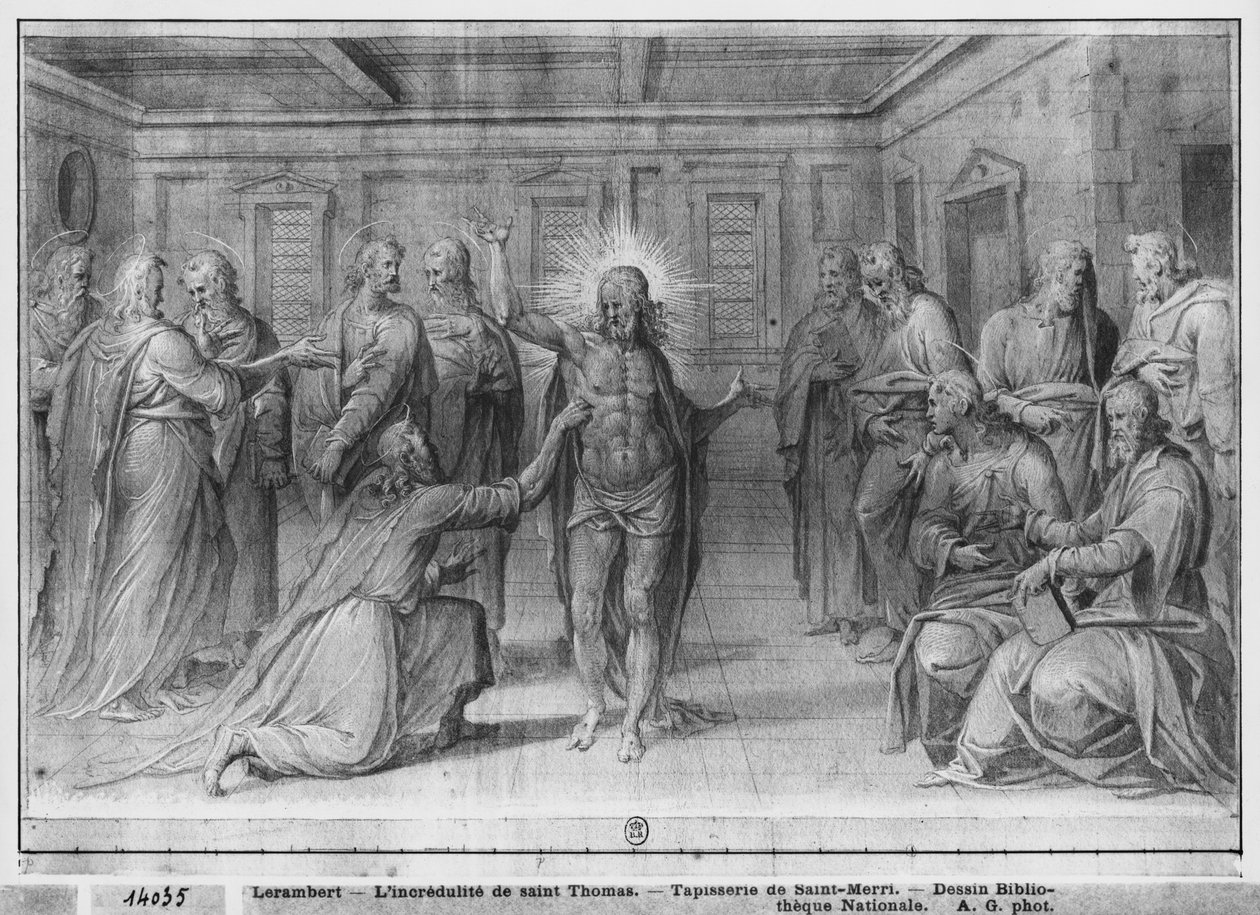 Życie Chrystusa, Niedowierzanie św. Tomasza, studium przygotowawcze karykatury do kościoła Saint-Merri w Paryżu, ok. 1585-90 (pierre noire und wash und white highlights na papierze) autorstwa Henri Lerambert