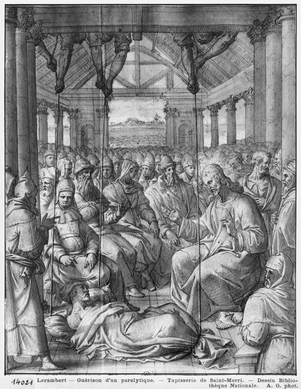 Życie Chrystusa, Jezus uzdrawiający paralityka w Kafarnaum, studium przygotowawcze do rysowania gobelinu dla kościoła Saint-Merri w Paryżu, ok. 1585-90 (pierre noire und wash und white highlights na papierze) autorstwa Henri Lerambert