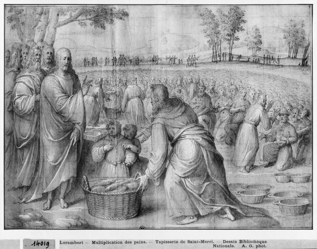 Życie Chrystusa, rozmnożenie chleba i ryb, studium przygotowawcze do rysowania gobelinu dla kościoła Saint-Merri w Paryżu, ok. 1585-90 (pierre noire i pranie i białe pasemka na papierze) autorstwa Henri Lerambert