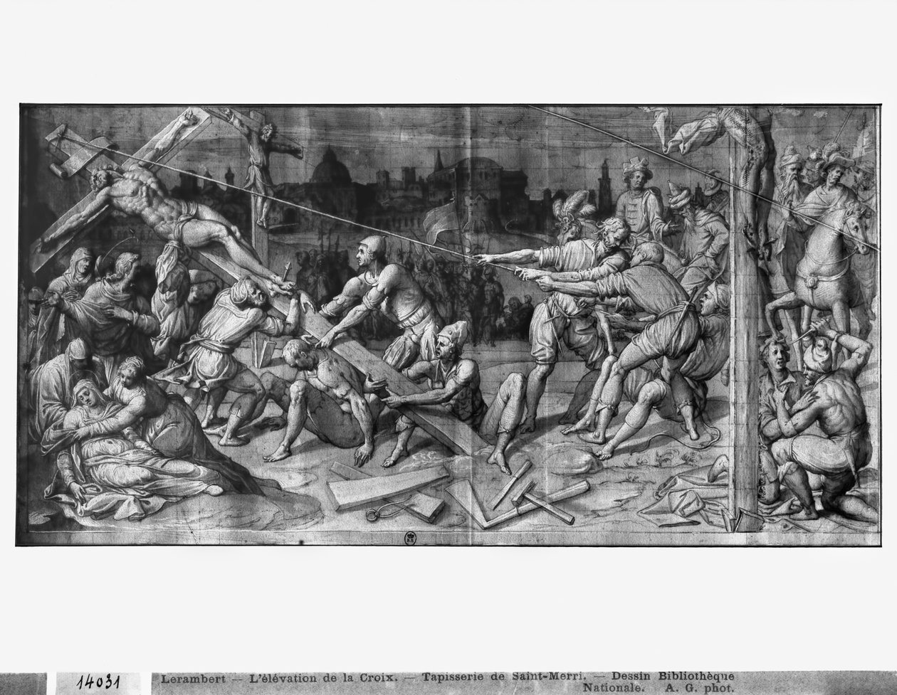 Życie Chrystusa, Podwyższenie Krzyża, studium przygotowawcze do rysowania gobelinu dla kościoła Saint-Merri w Paryżu, ok. 1585-90 (pierre noire und wash und white highlights na papierze) autorstwa Henri Lerambert