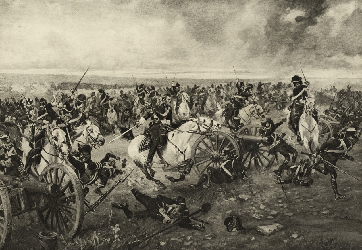 The Scots Greys at Waterloo, 18 czerwca 1815, ok. 1902 autorstwa Henri Louis Dupray