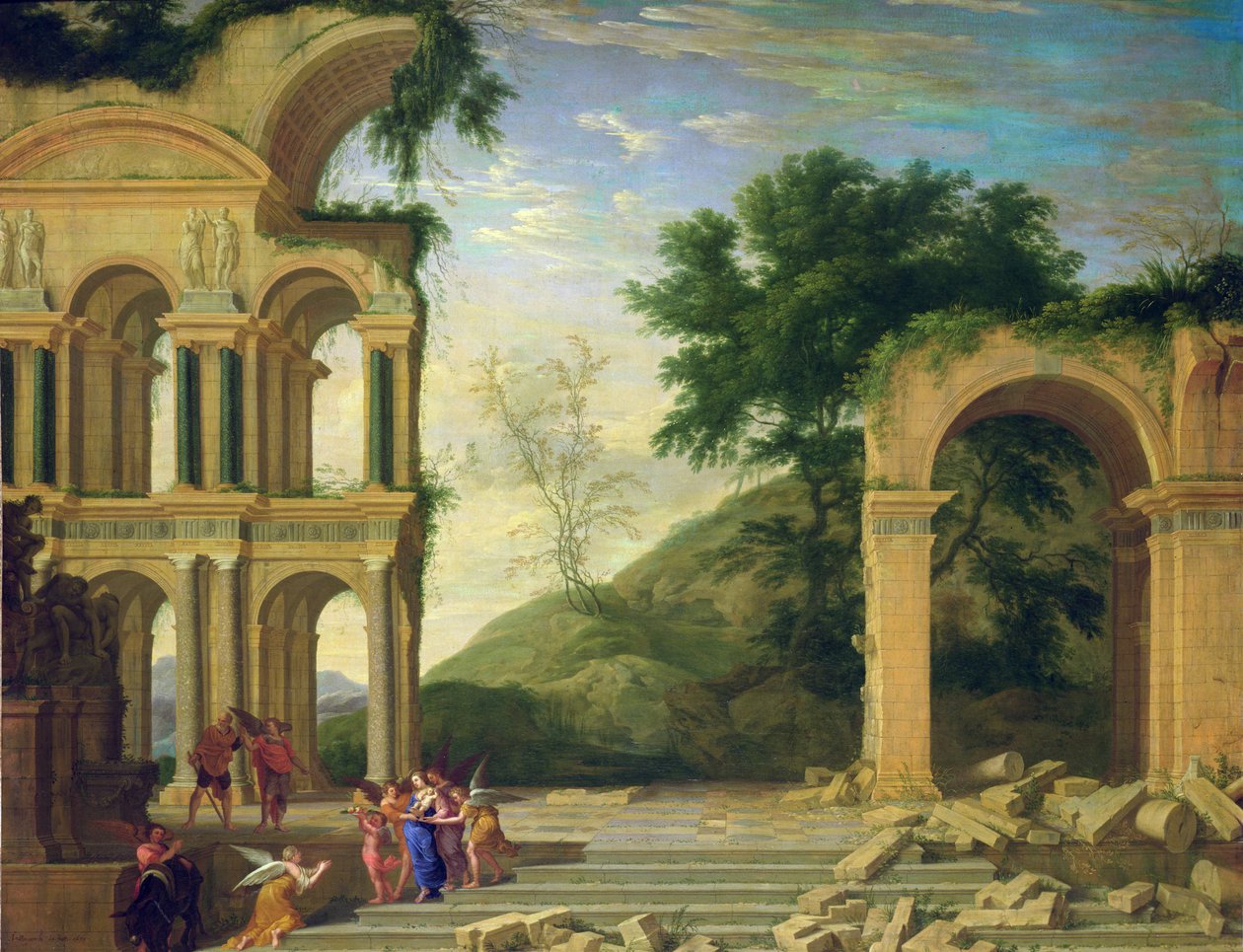 Krajobraz z resztą podczas ucieczki do Egiptu, 1671 autorstwa Henri Mauperche