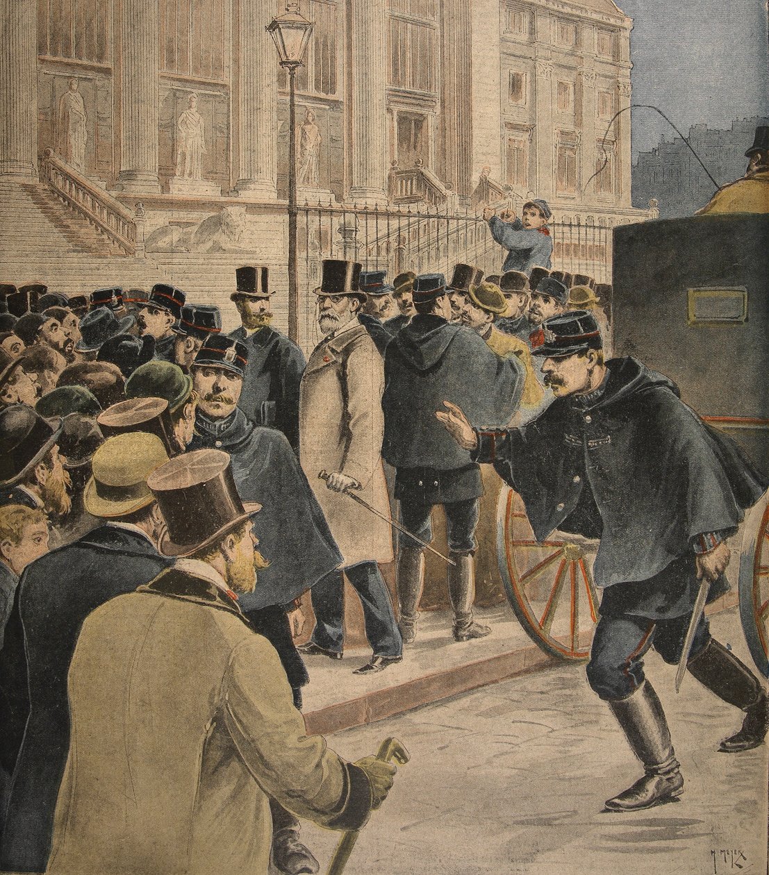 Emile Zola przed budynkiem sądu, ilustracja z „Le Petit Journal: Supplement illustre”, 20 lutego 1898 autorstwa Henri Meyer