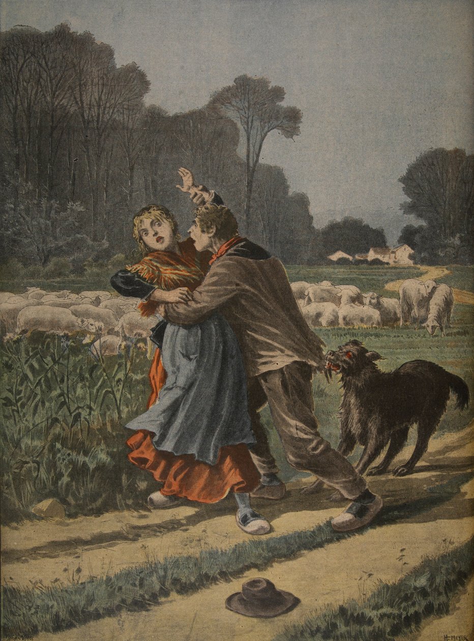 Pasterka broniona przez swojego psa, ilustracja z "Le Petit Journal: Supplement illustre", 9 stycznia 1898 r. autorstwa Henri Meyer
