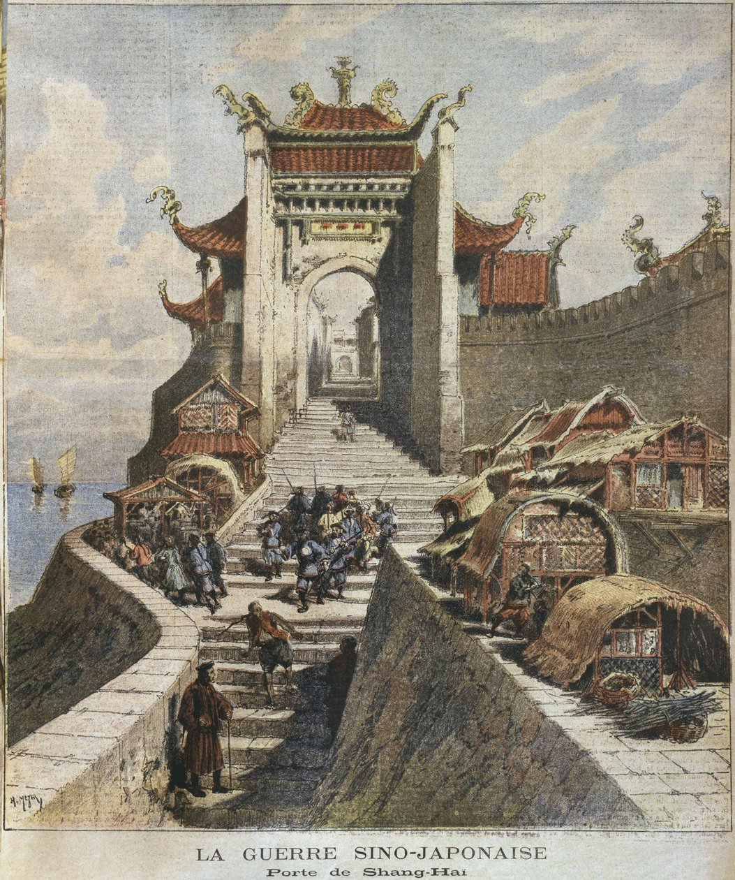 Wojna chińsko-japońska, brama szanghajska, ilustracja z „Le Petit Journal”, dodatek illustre, 6 stycznia 1895 (kolorowe grawerowanie) autorstwa Henri Meyer