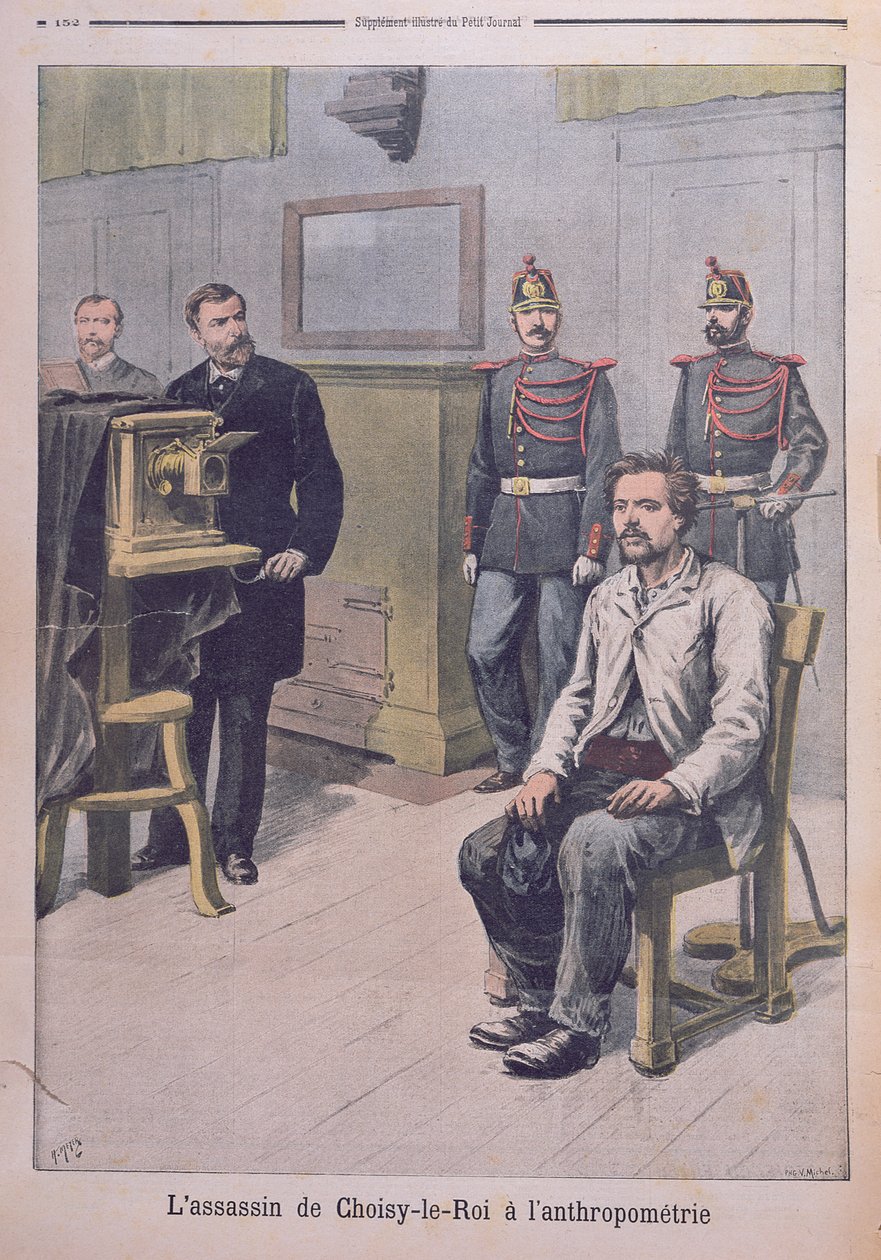 Zabójca z Choisy-le-Roy fotografowany przed profesorem Bertillonem, z „Le Petit Journal”, 7 maja 1899 (kolorowa lito) autorstwa Henri Meyer