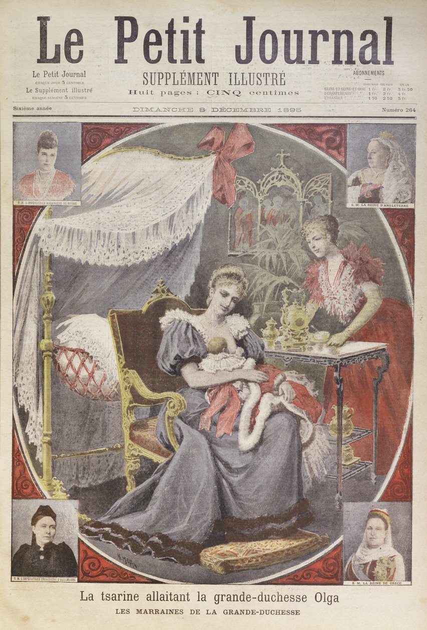Caryca Aleksandra Fiodrowna (1872-1918) karmiąca piersią Wielka Księżna Olga (1895-1918) z okładki „Le Petit Journal”, 8 grudnia 1895 autorstwa Henri Meyer