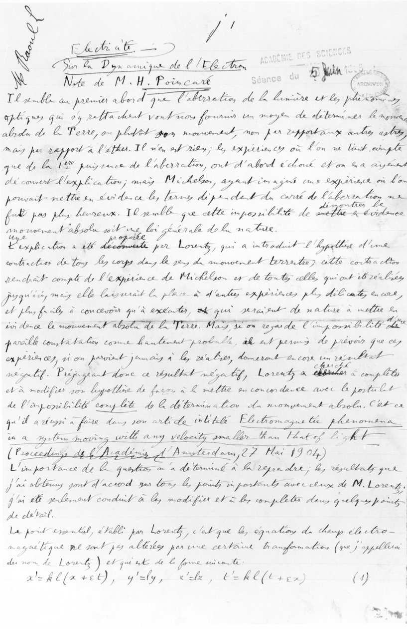 Rękopis o dynamice elektronów, 5 czerwca 1905 (pióro i atrament na papierze) autorstwa Henri Poincare