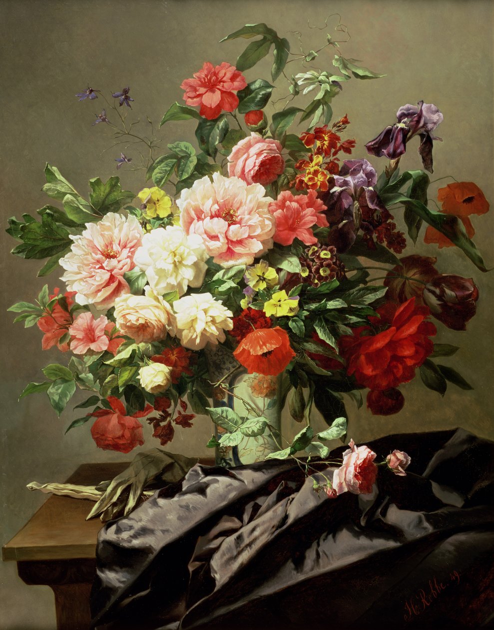 Piwonie, maki i róże, 1849 autorstwa Henri Robbe