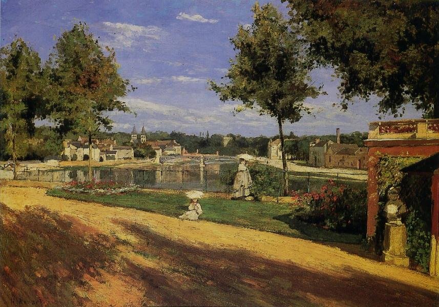  Taras nad brzegiem Sekwany w MelunnFrancais: Taras nad brzegiem Sekwany w Melun. W tle La Maison centrale de Melun na wyspie Saint-Etienne. Niektóre fabryki w Vaux-le-Penil widoczne są na prawym brzegu Sekwany, a w tle widać autorstwa Henri Rouart