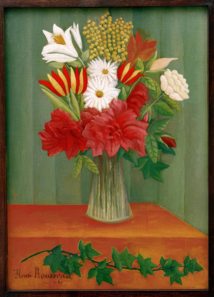 Bukiet kwiatów na gałęzi bluszczu autorstwa Henri Rousseau