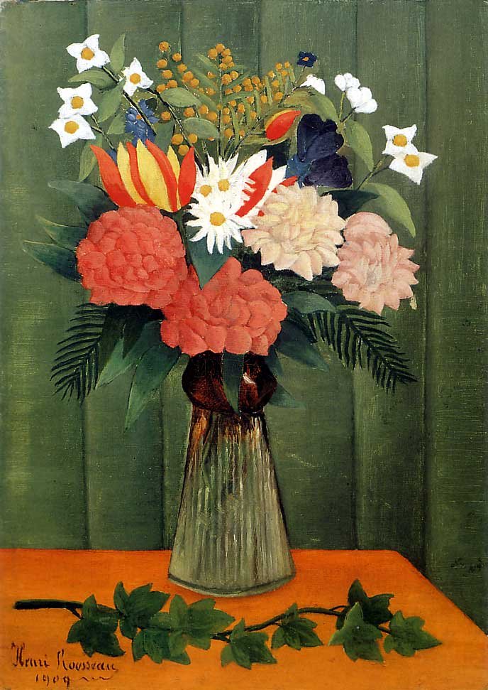 Bukiet kwiatów z gałązką bluszczu autorstwa Henri Rousseau