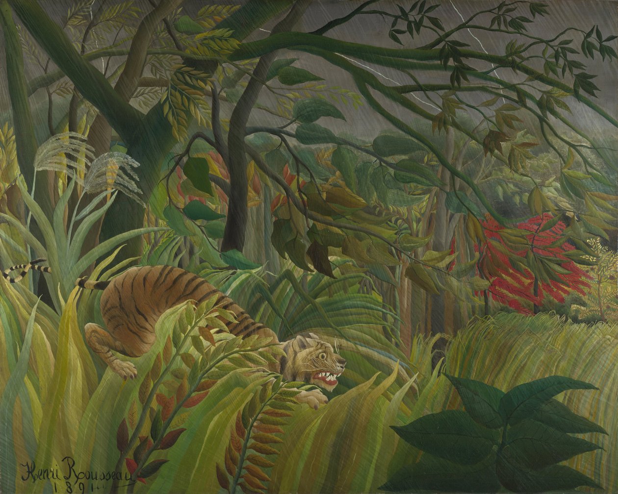 Tygrys podczas burzy tropikalnej (zaskoczony!) 1891 autorstwa Henri Rousseau