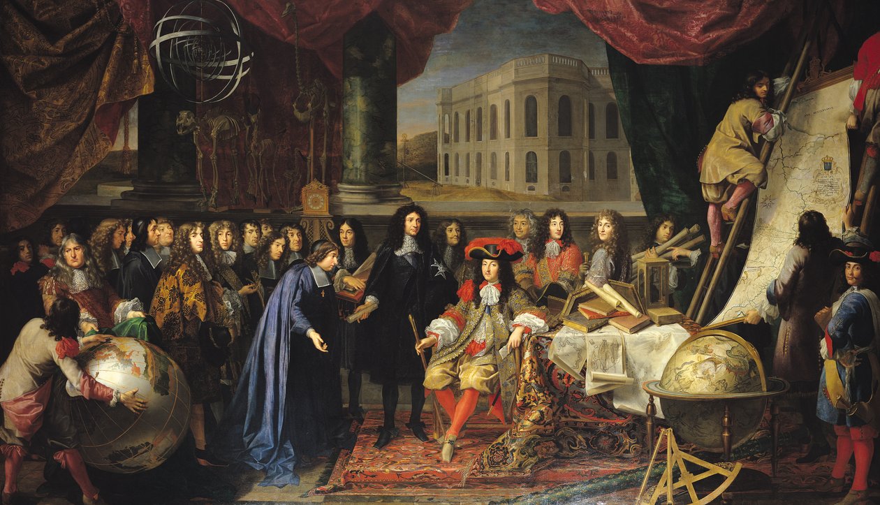 Jean-Baptiste Colbert (1619-1683) przedstawiający członków Królewskiej Akademii Nauk Ludwikowi XIV (1638-1715) c.1667 autorstwa Henri Testelin