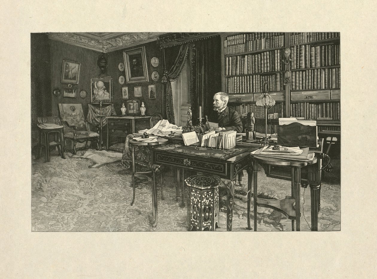 Gaston Tissandier, francuski baloniarz, siedzący przy biurku w swoim gabinecie, 1880-1900 (drewno) autorstwa Henri Thiriat