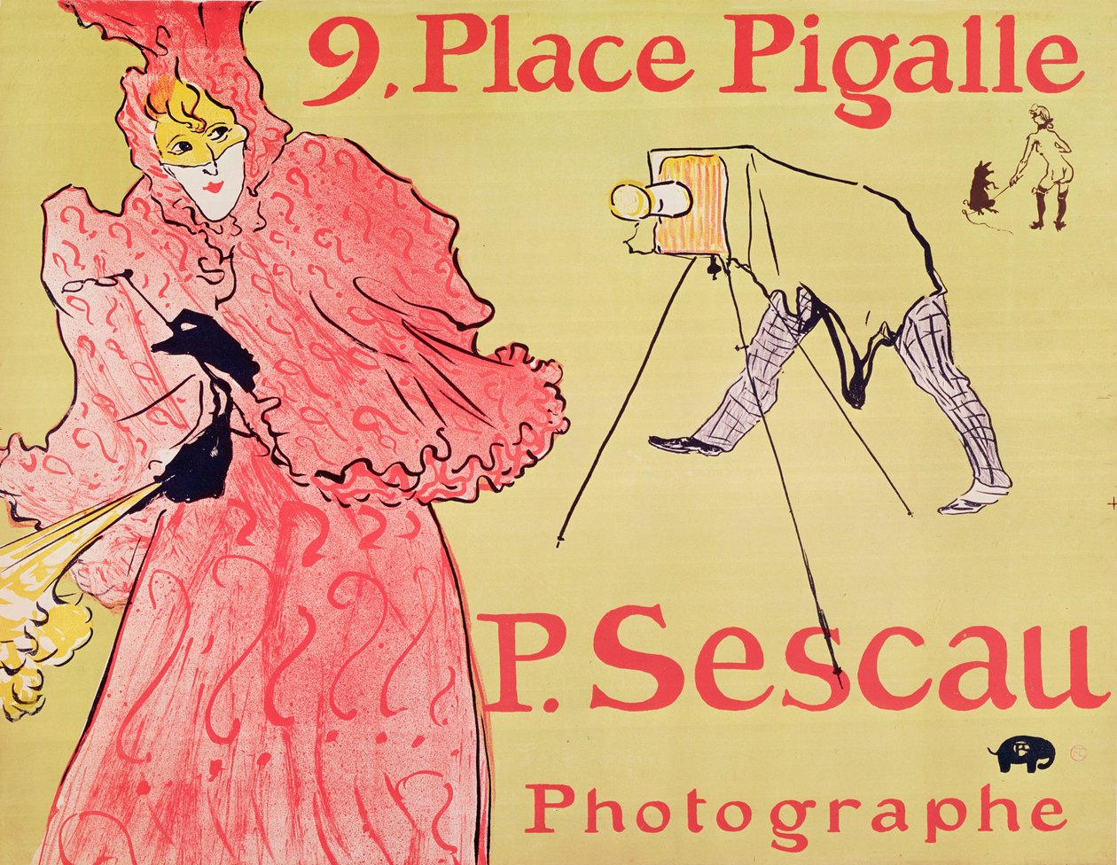 P. Sescau Photographe (plakat), 1894 (pięciokolorowa litografia drukowana techniką pędzla, kredki i rozpryskiwania) autorstwa Henri de Toulouse Lautrec