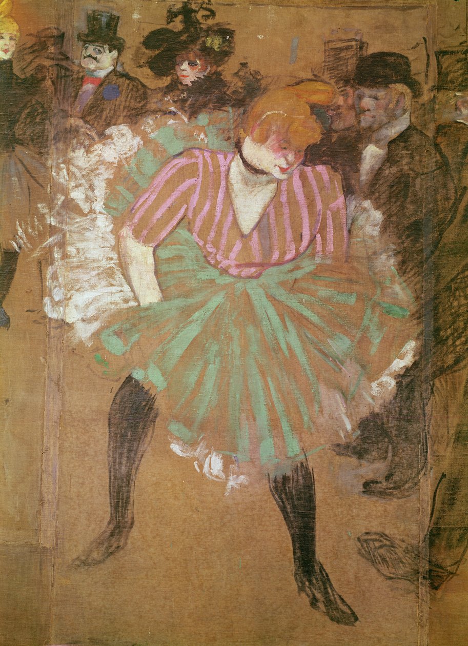 Szyldy do chaty Goulue na targach Tréne w Paryżu. Taniec w Moulin-Rouge: la Goulue (Louise Weber), 1895 autorstwa Henri de Toulouse Lautrec