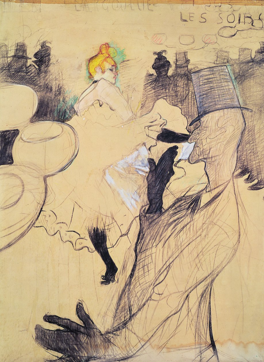 Moulin-Rouge, Goulue i Valentin, bez kości, 1891 (pióro i atrament i kredka na papierze) autorstwa Henri de Toulouse Lautrec