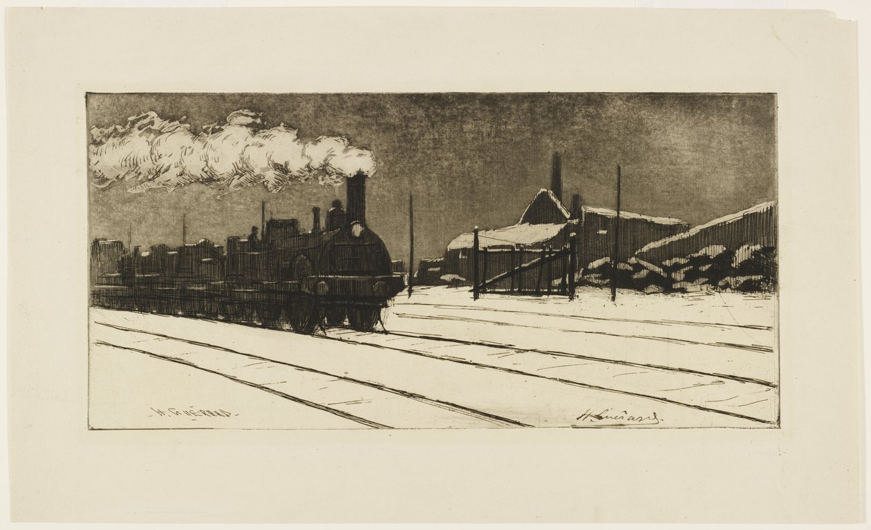 Lokomotywa, efekt śniegu, ok.1888 (akwaforta i akwatinta) autorstwa Henri Charles Guérard