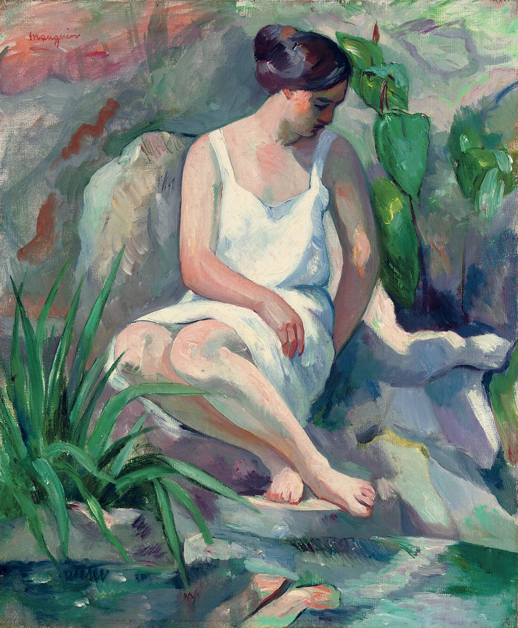 Siedząca kąpiąca się w Cassis (Jeanne); Kąpiąca się w pozycji siedzącej w Cassis (Jeanne) autorstwa Henri Charles Manguin