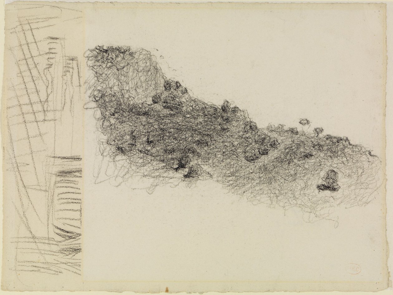 Grzbiet opadający w prawo w południowej Francji, po lewej fragment innego rysunku autorstwa Henri-Edmond Cross