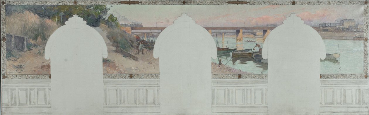 Szkic ratusza w Asnières: Lato. Sekwana w Asnières, około 1900 r. (olej na płótnie z tuszem) autorstwa Henri Gaston Darien