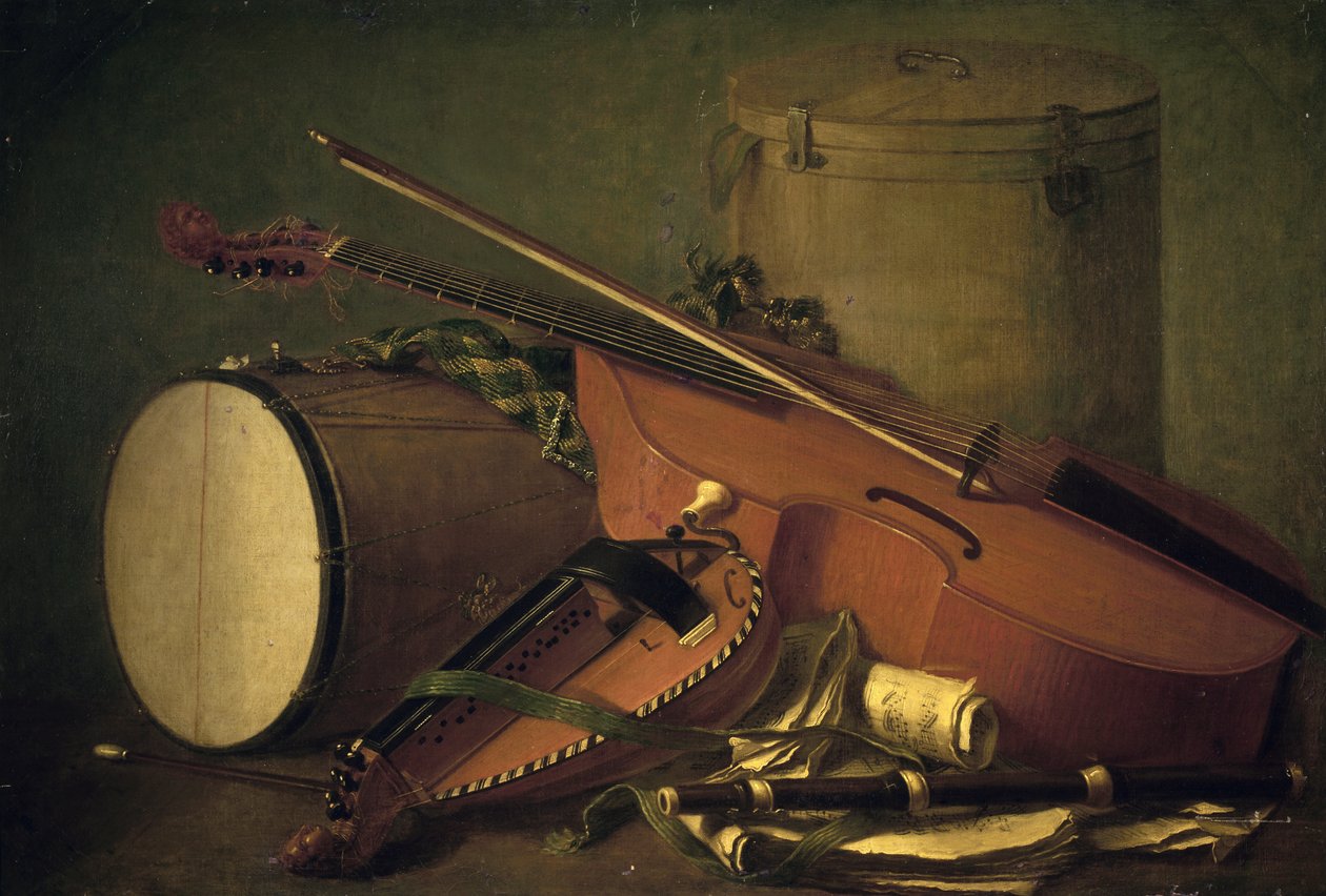 Instrumenty muzyczne, bęben, skrzypce, flet i lira korbowa Henri Horace Rolanda de la Porte (1724-1793). Francja autorstwa Henri Horace Roland Delaporte