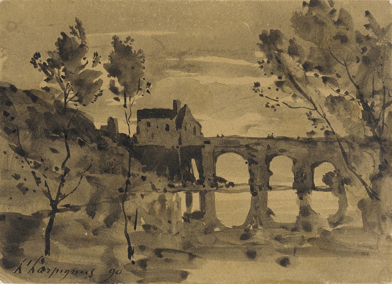 Krajobraz rzeczny z mostem i domem autorstwa Henri-Joseph Harpignies