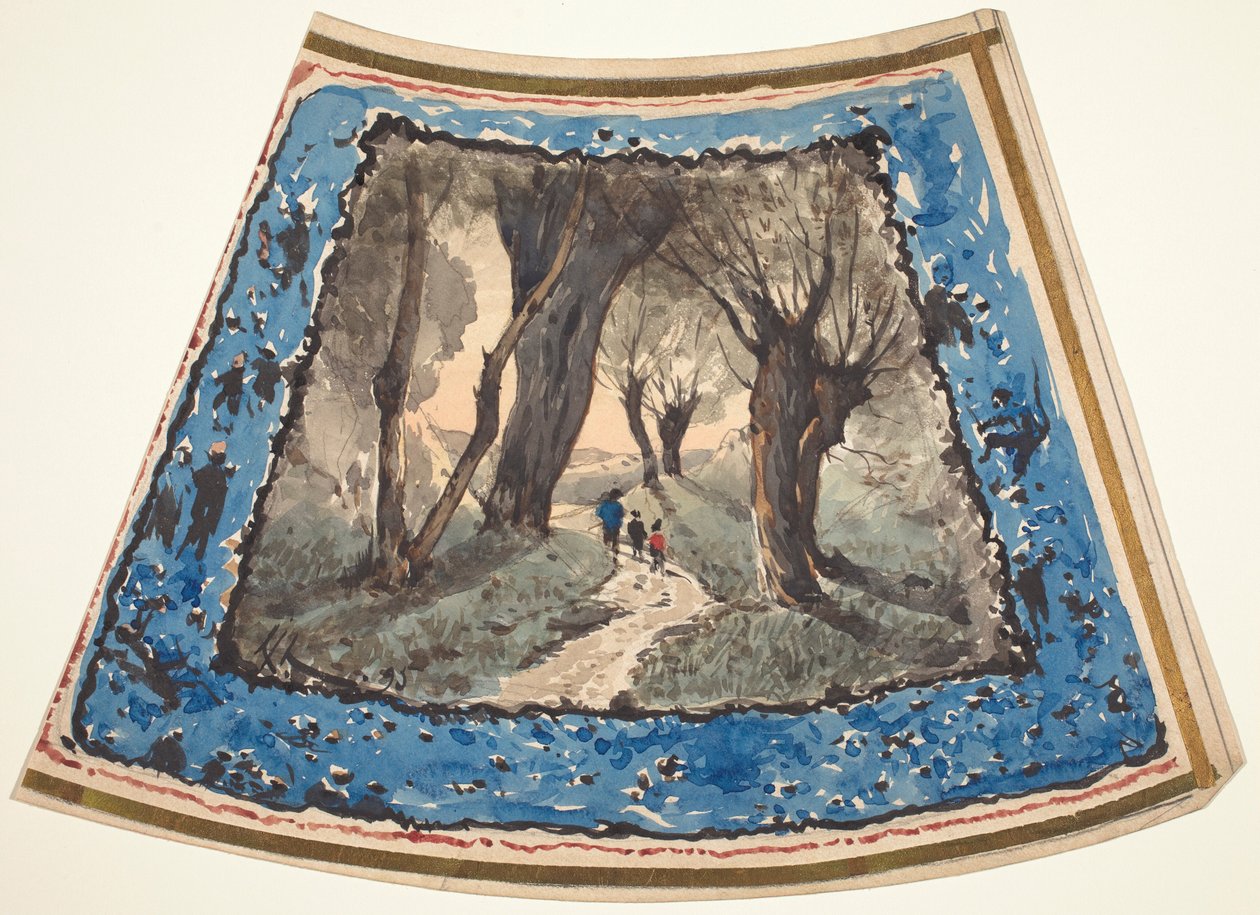 Podróżnicy na leśnej ścieżce otoczonej fantazyjnymi postaciami i małpami autorstwa Henri-Joseph Harpignies